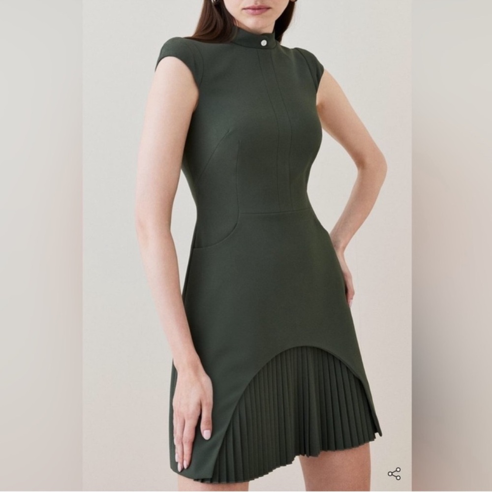 Karen Millen Green Asymmetrical Pleated Mini Dress
